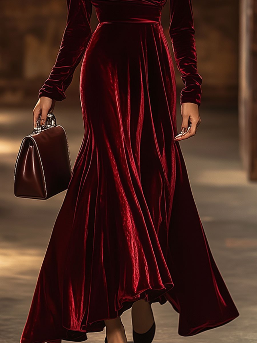 【24-hour shipping】Fashion Party Off-shoulder Long-sleeved Solid Color Velvet Fishtail Dress