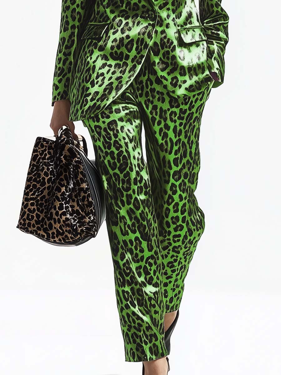 Cool and Fashionable Leopard Print Green Satin Suit