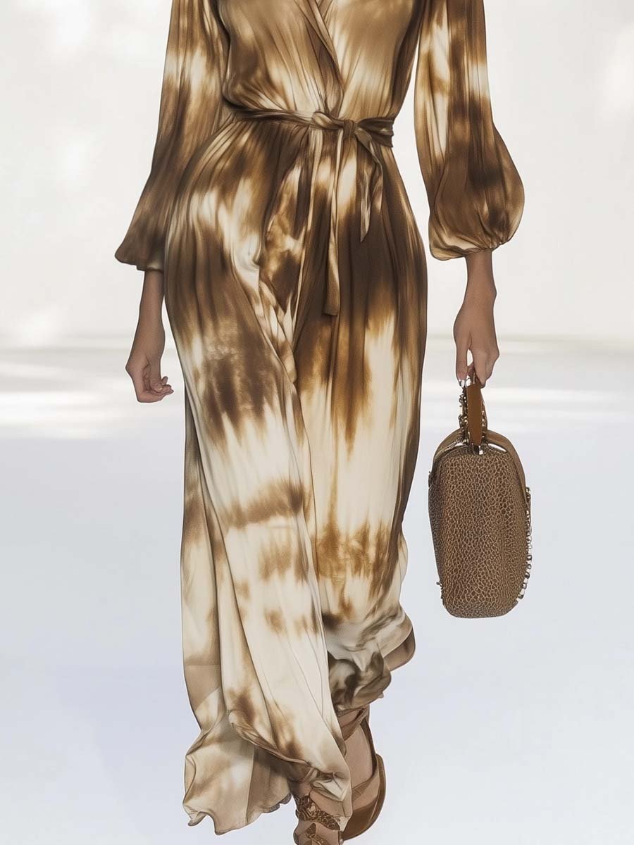 Fashionable and Casual V-neck Waist Tie Brown Tie-dye Maxi Dress