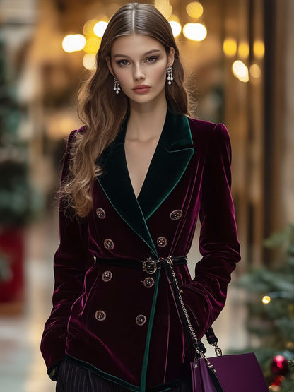 Casual Loose Retro Velvet Burgundy And Green Stitching Double-Breasted Blazer