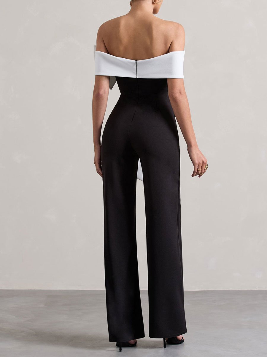 Fashion Retro Off-Shoulder White Bow Black Sleeveless Wide-Leg Jumpsuit