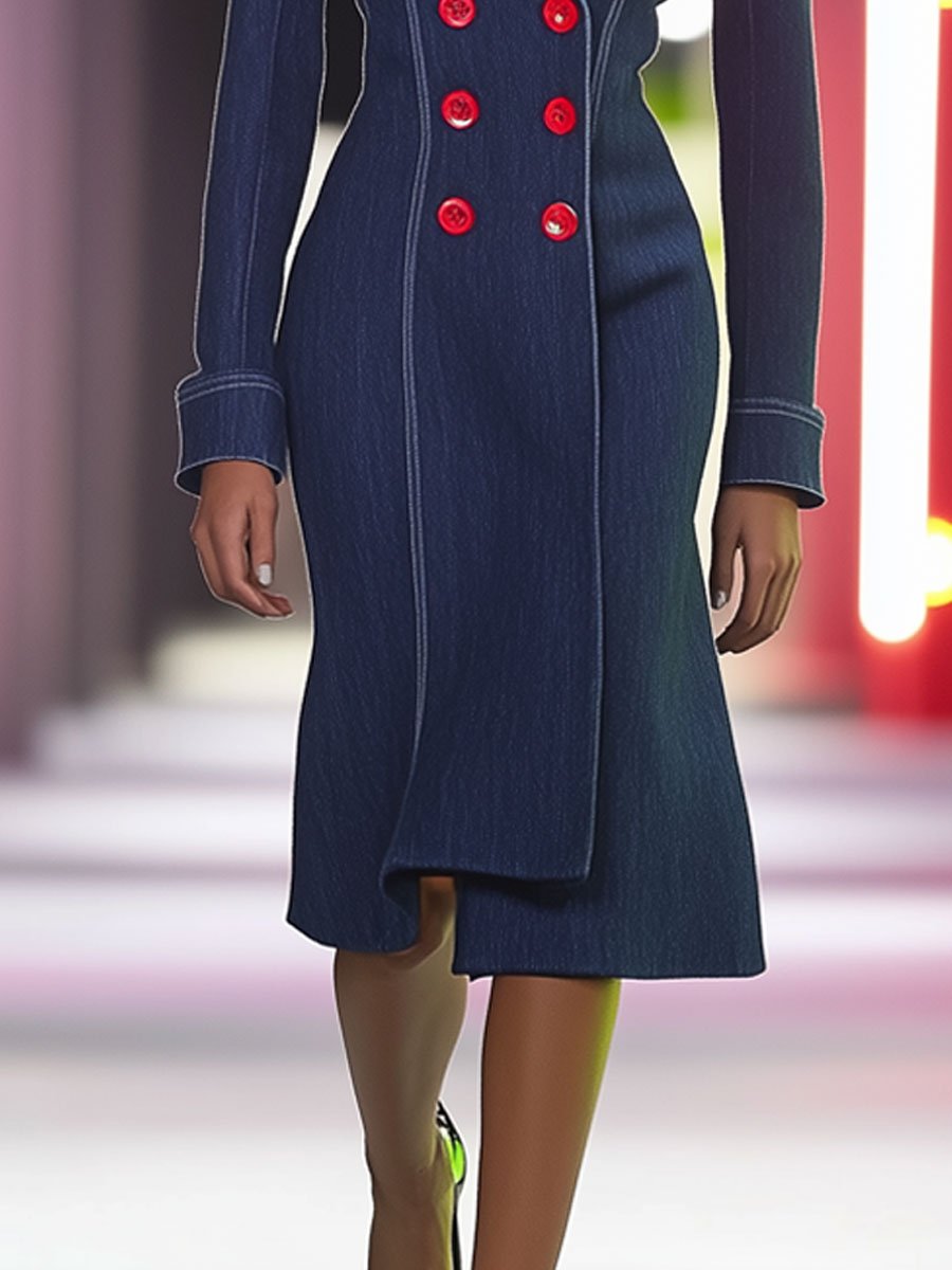 Casual Retro Navy Denim Red Double Breasted Trench Coat Midi Dress