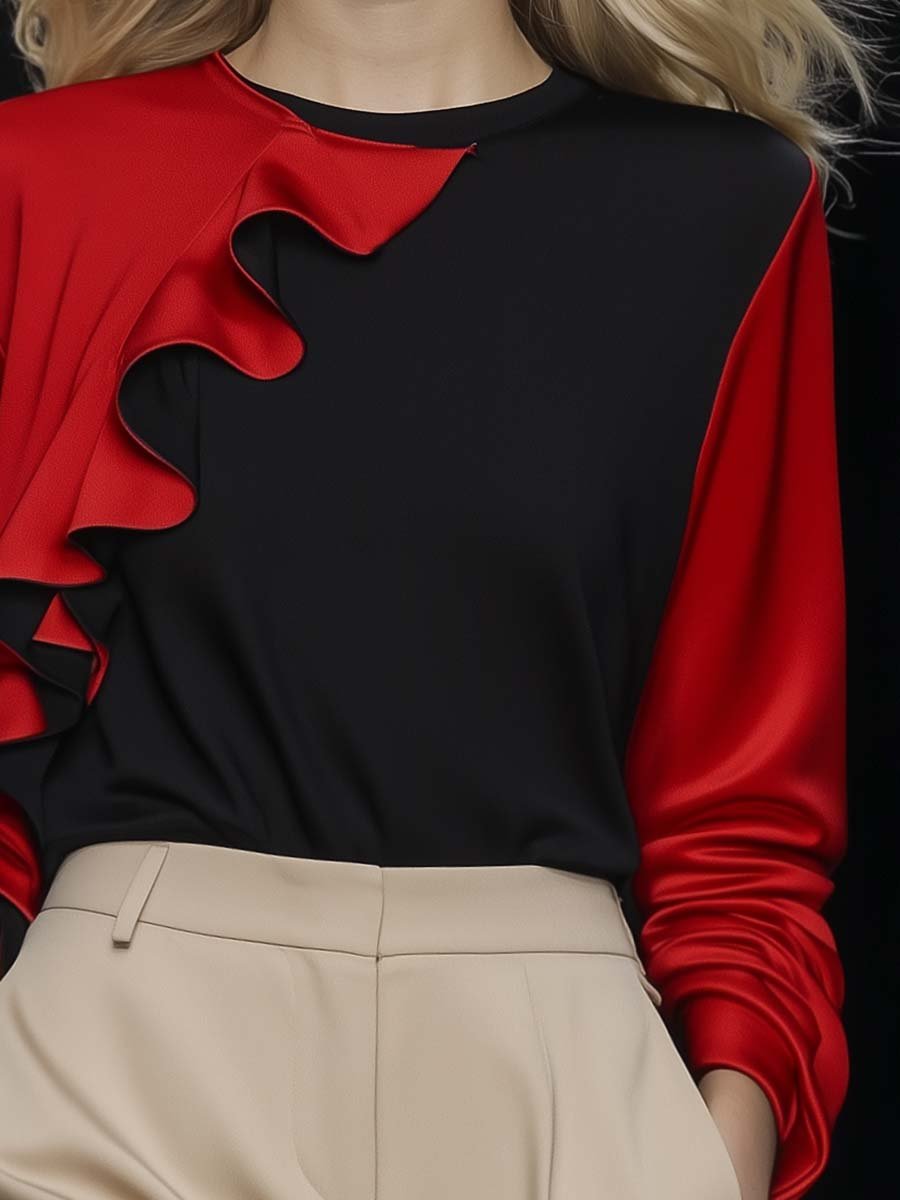 Elegant and Fashionable Round Neck Black and Red Contrast Ruffled T-shirt