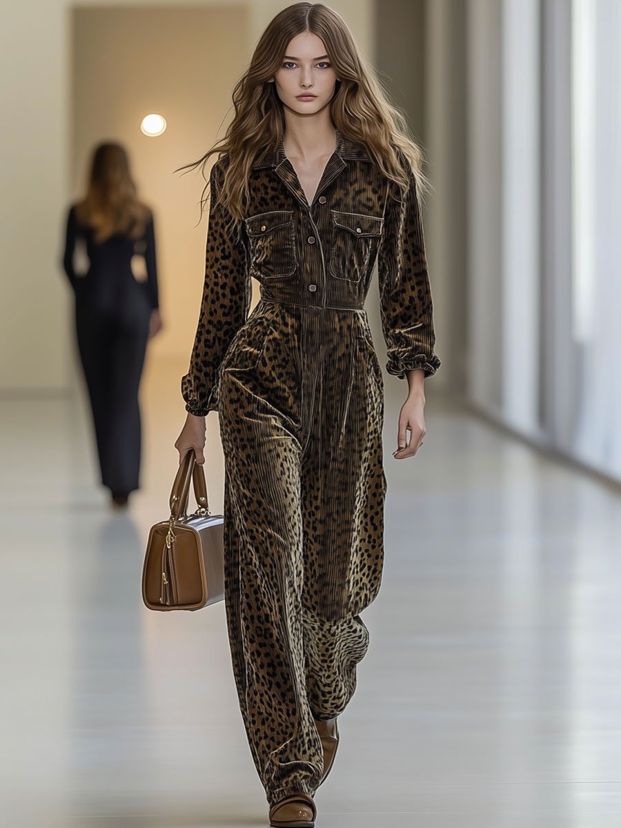 Casual Loose Retro Corduroy Leopard Print Multi-Pocket Long Sleeve Jumpsuit