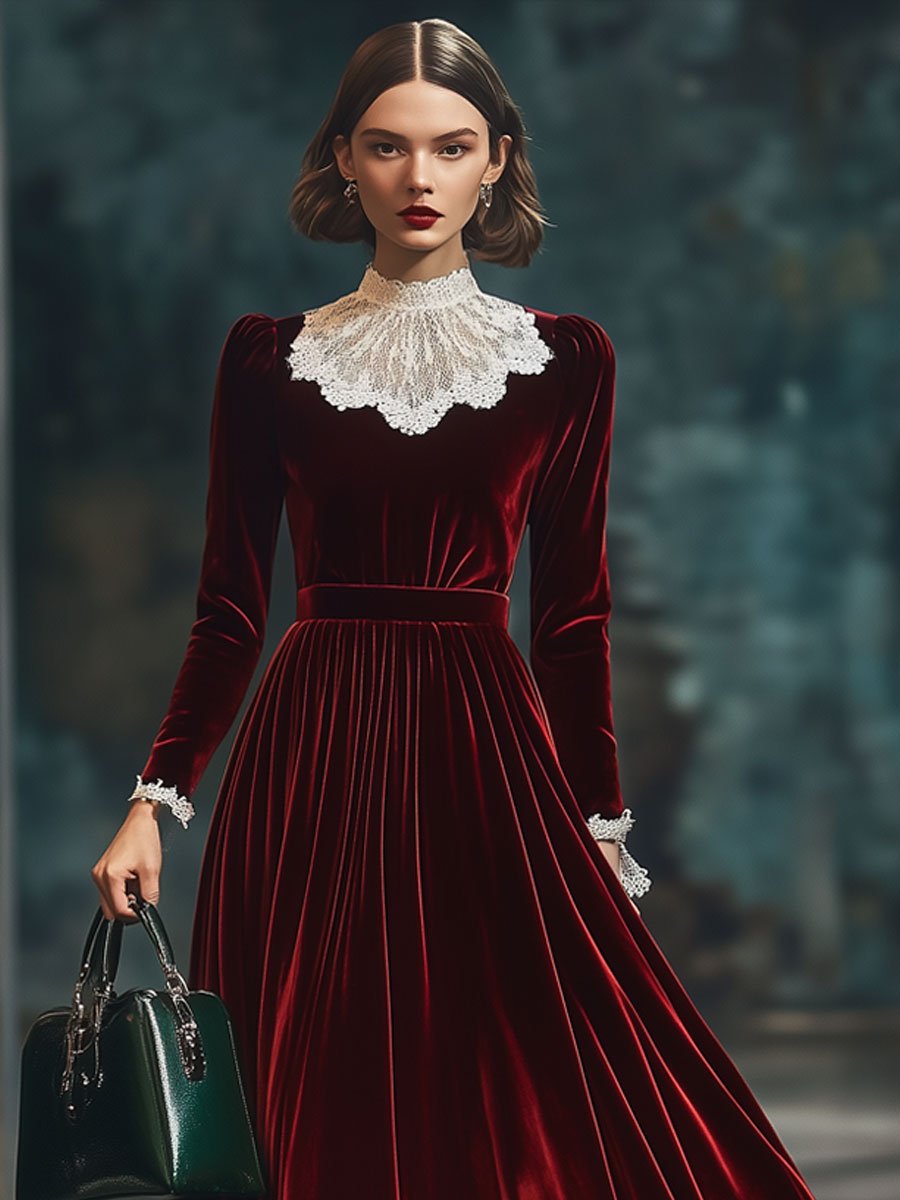 【24-hour shipping】Lace Velvet Stitching Long Sleeve Fashion Party Midi Dress