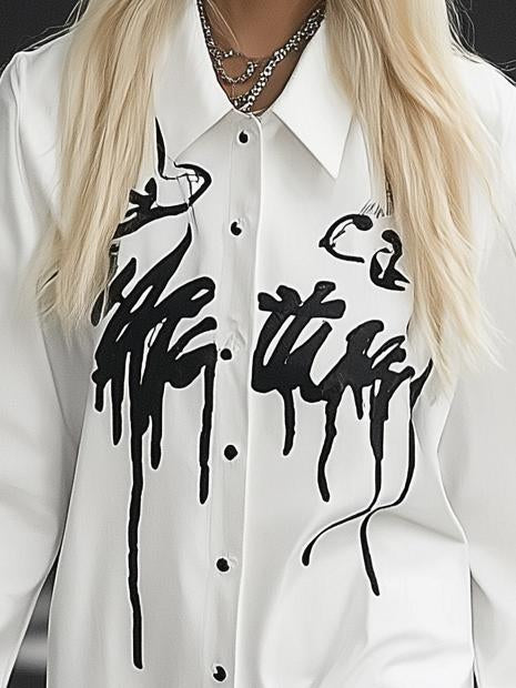 Casual Loose Letter Printed White Shirt Long Sleeve Midi Dress