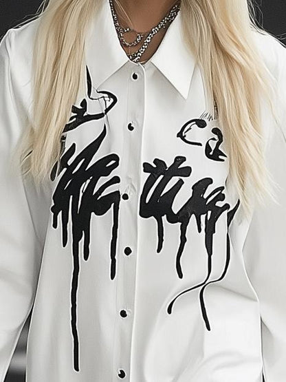 Casual Loose Letter Printed White Shirt Long Sleeve Midi Dress