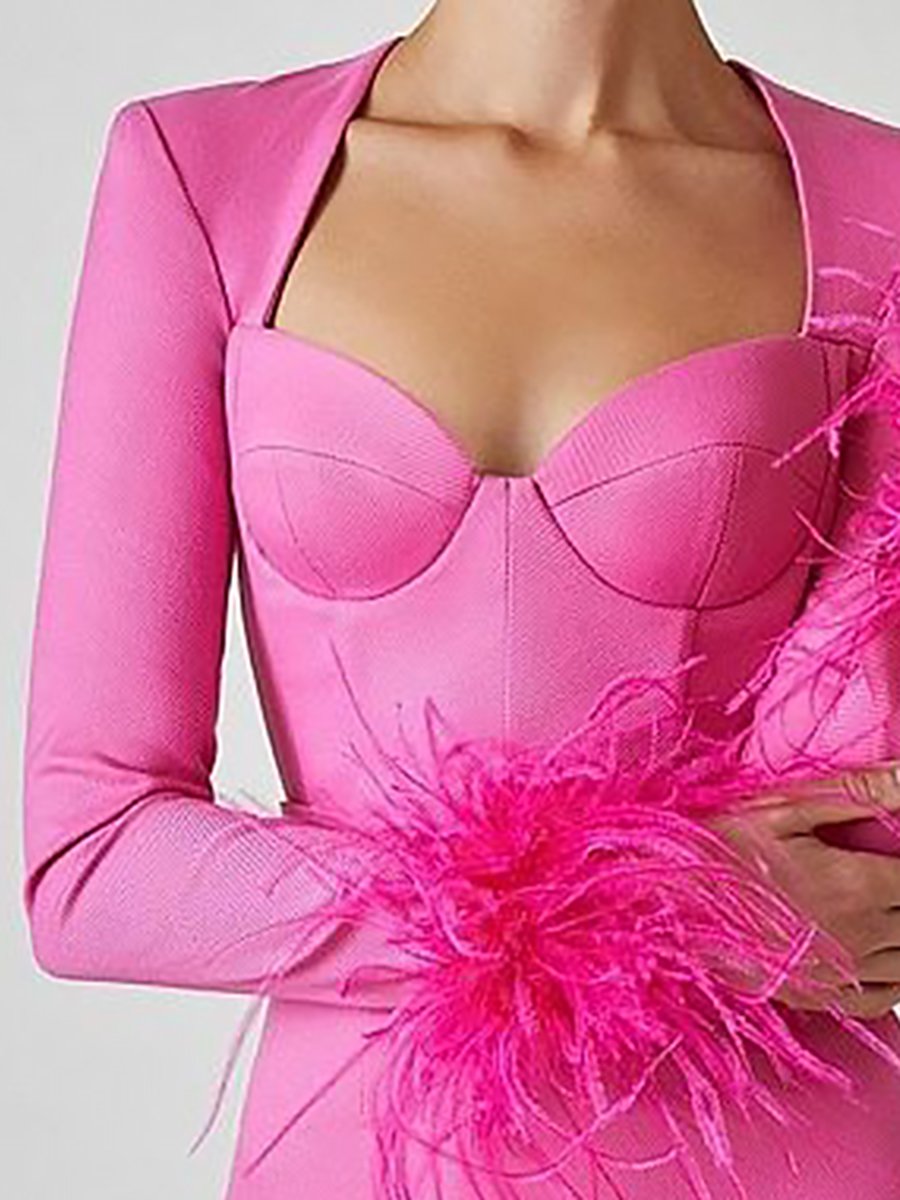 High Fashion Ostrich Feather Paneled Sleeve Barbie Pink Mini Dress