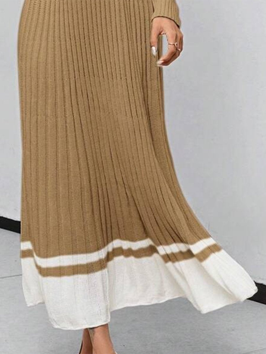 Retro And Fashionable Loose V-Neck Color Matching Khaki Knitted Maxi Dress