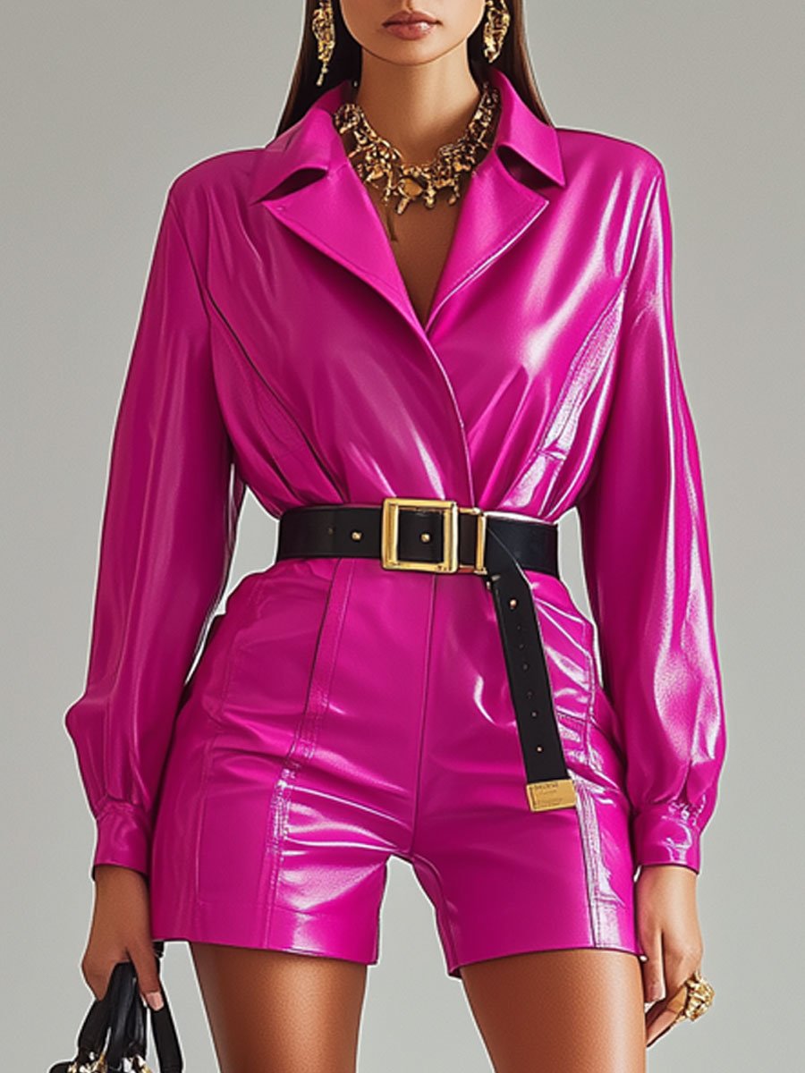 Casual Loose Fashion Hot Pink Lace-up Shorts Leather Jumpsuit