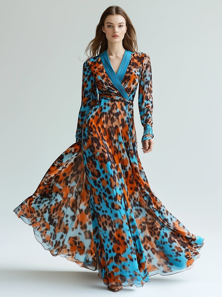 Fashionable High-end V-neck Leopard Print Long-sleeved Maxi Dress