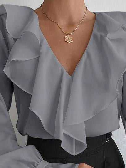 Gentle Ruffled Collar Light Grey Long Sleeve Chiffon Shirt