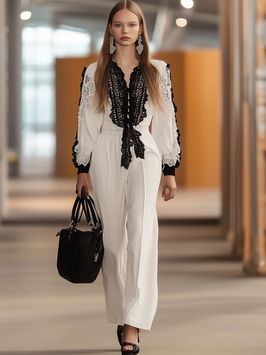 Casual Loose Retro Lace Stitching Cotton And Linen Long-Sleeved Wide-Leg Jumpsuit