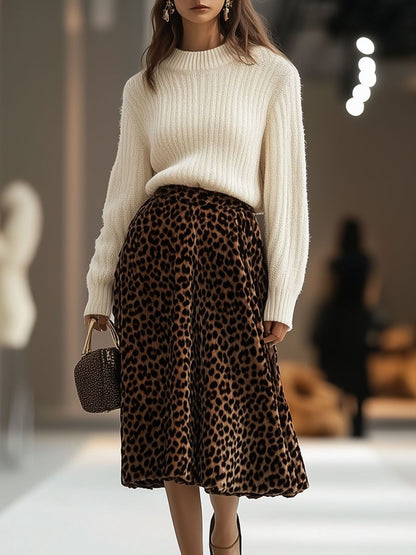 Casual Loose Retro Round Neck Sweater Velvet Leopard Skirt Set