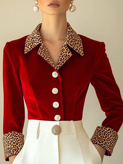 Casual Loose Retro Red Velvet Stitching Leopard Print Long-Sleeved Blouse