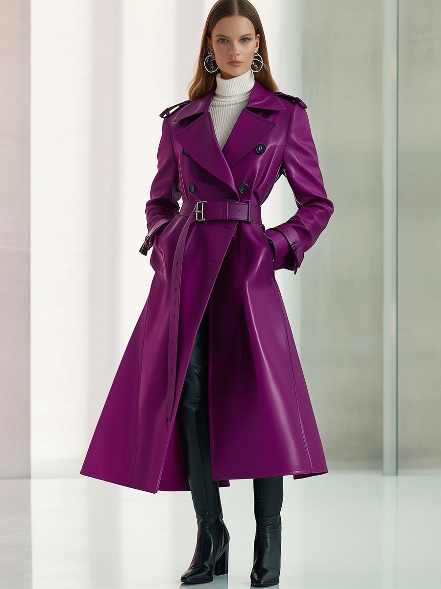 Casual Loose Retro Double-Breasted Lace-Up Purple Eco-Friendly Leather Trench Coat