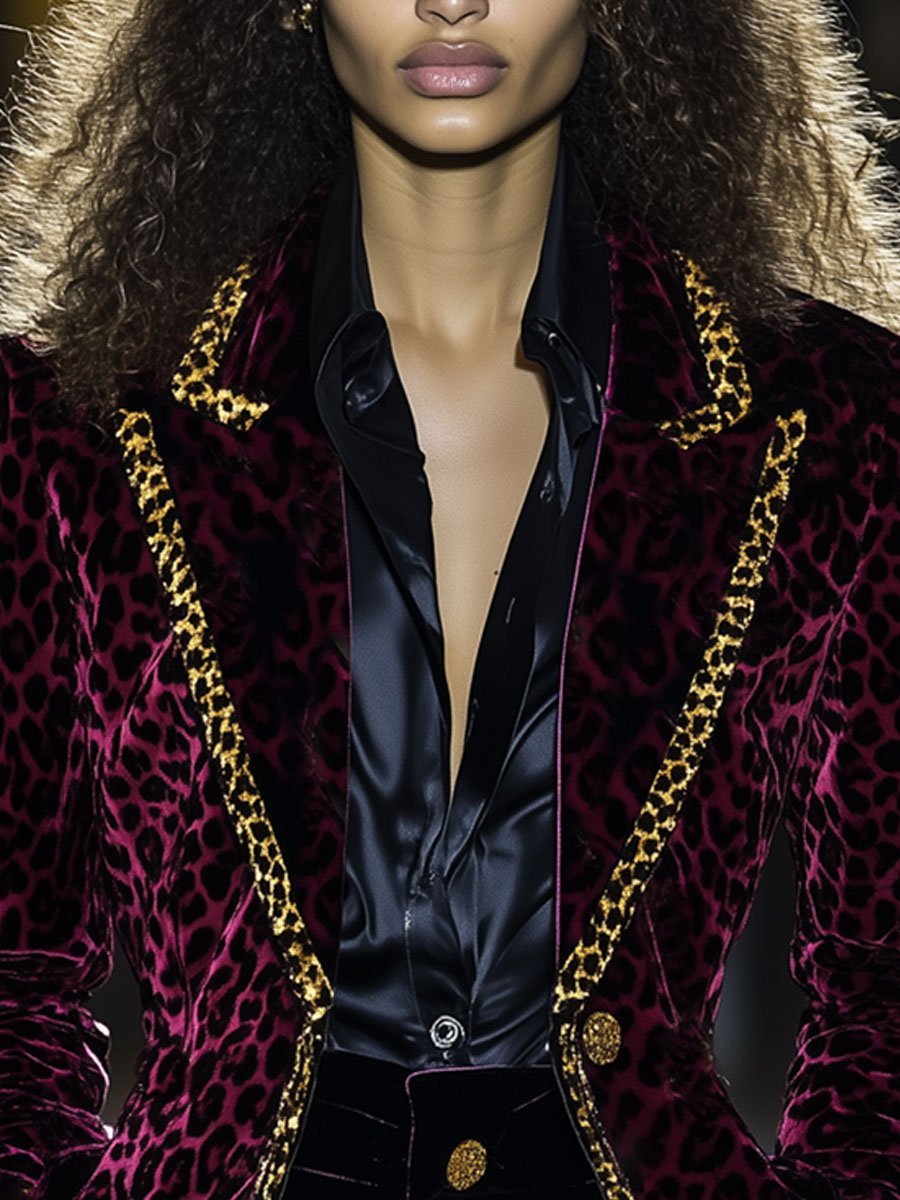 Casual Loose Velvet Leopard Print Lapel Blazer