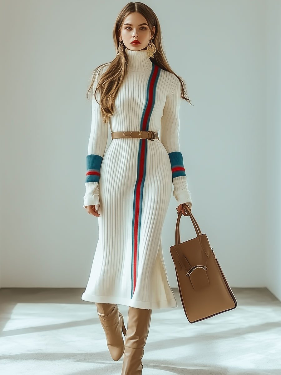 Fashion Retro Red And Blue Striped Long Sleeve High Collar Knitted Midi Dress