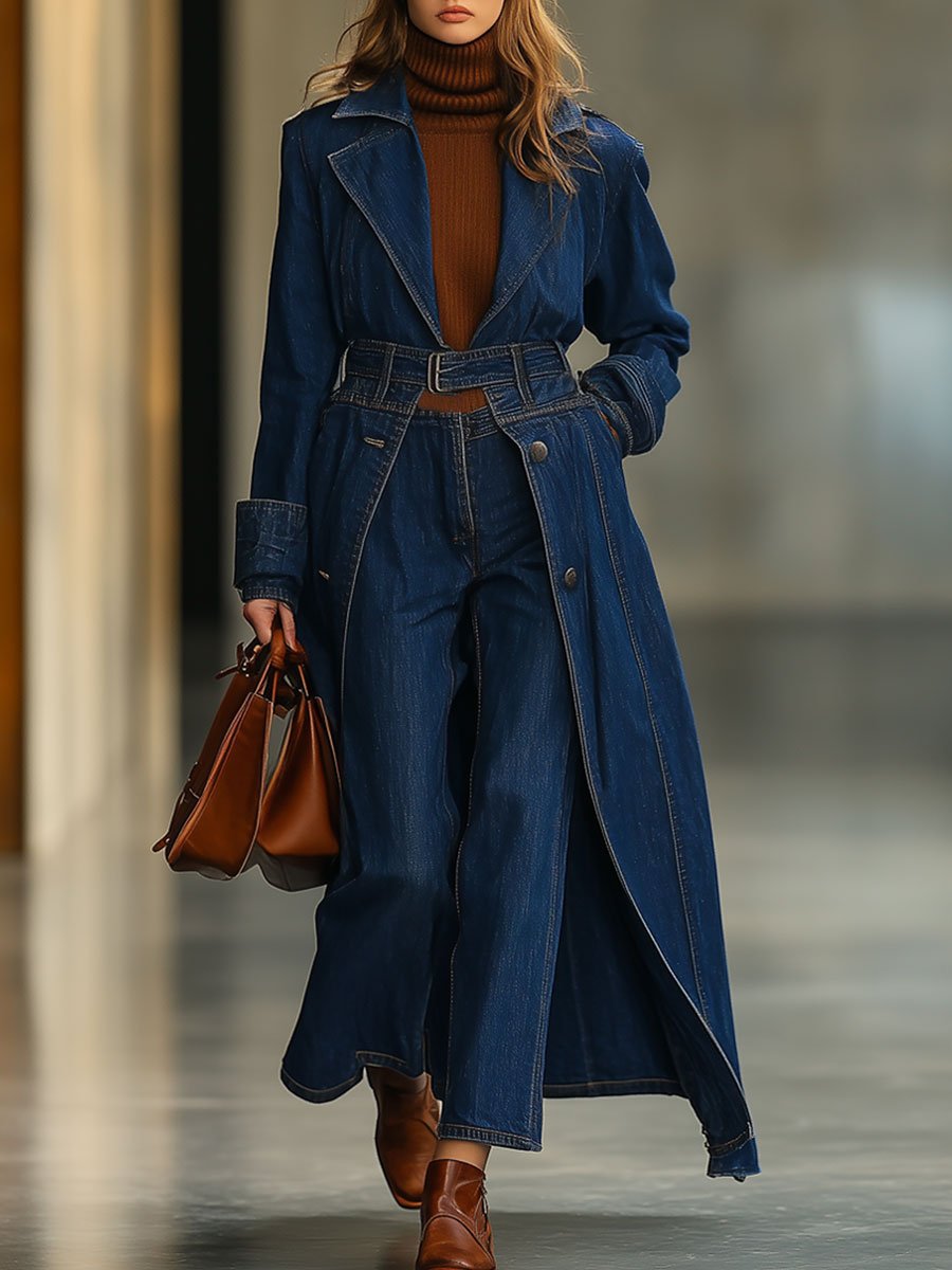 Casual Loose Retro Lace-Up Ultra-Long Dark Blue Denim Trench Coat