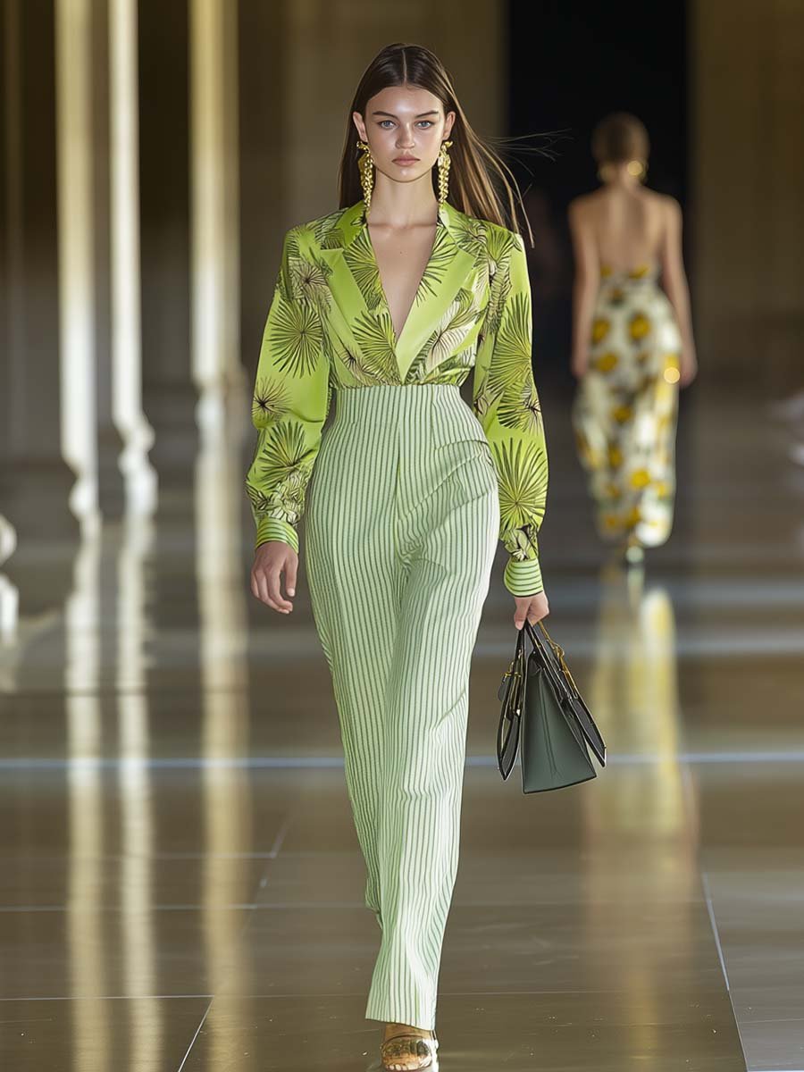 Fresh V-neck Printed Striped Contrasting Yellow-green Jumpsuit