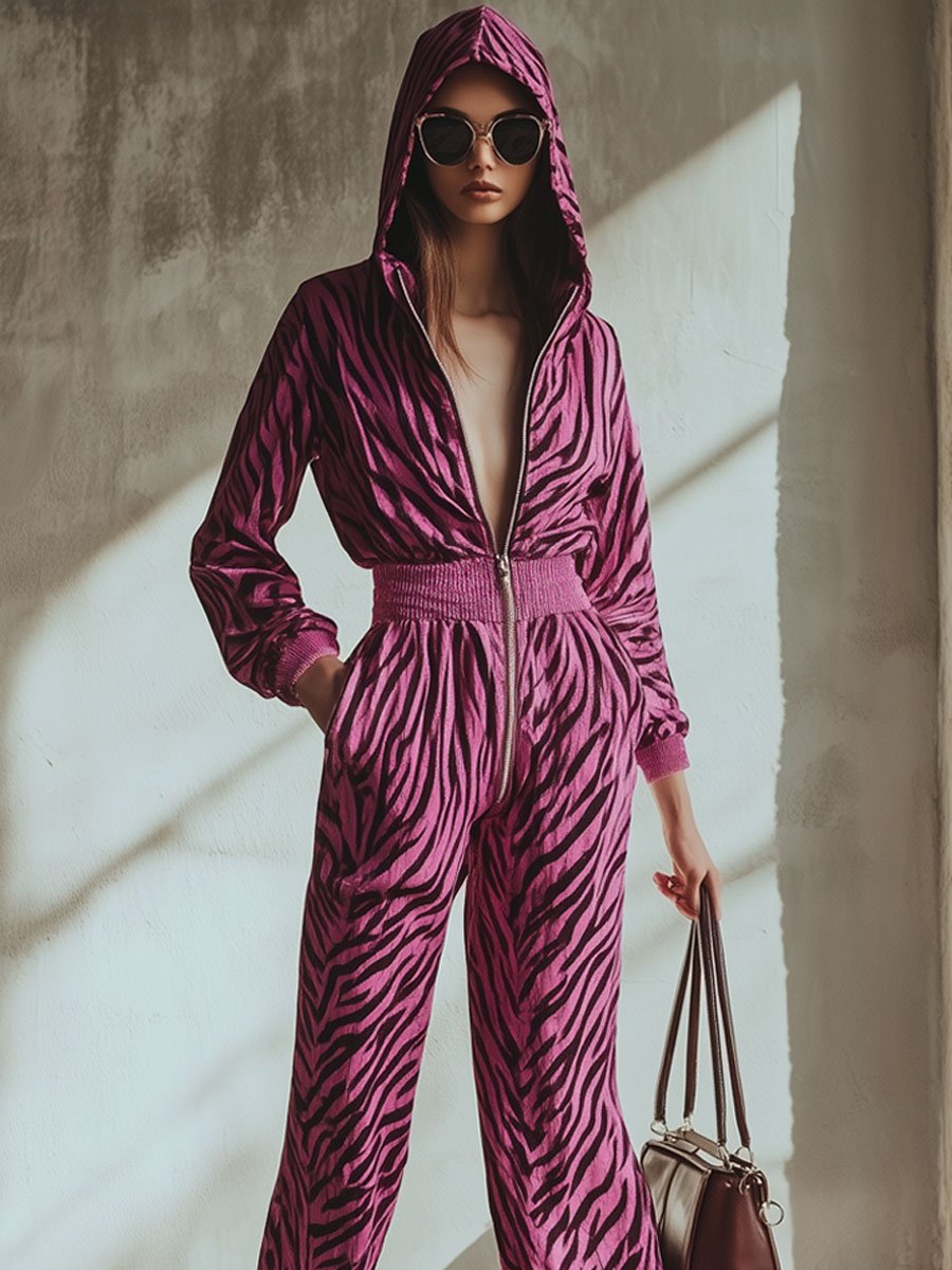 Casual Loose Velvet Zebra Print Zipper Elastic Waist Hooded Jumpsuit