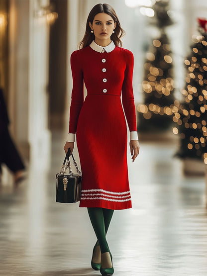 Fashion Retro Wool Stitching Long Sleeve Midi Dress