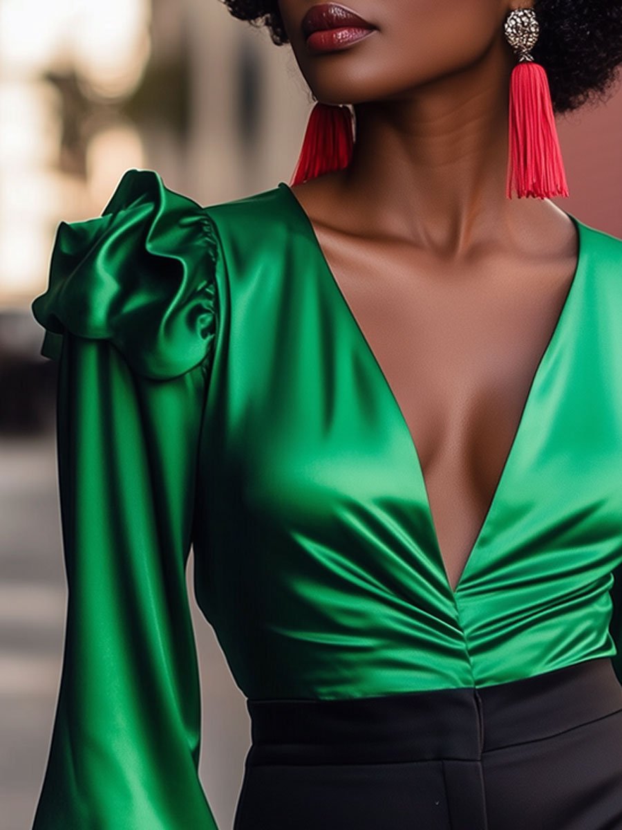 Retro Fashion Green Satin V-Neck Long Sleeve Blouse