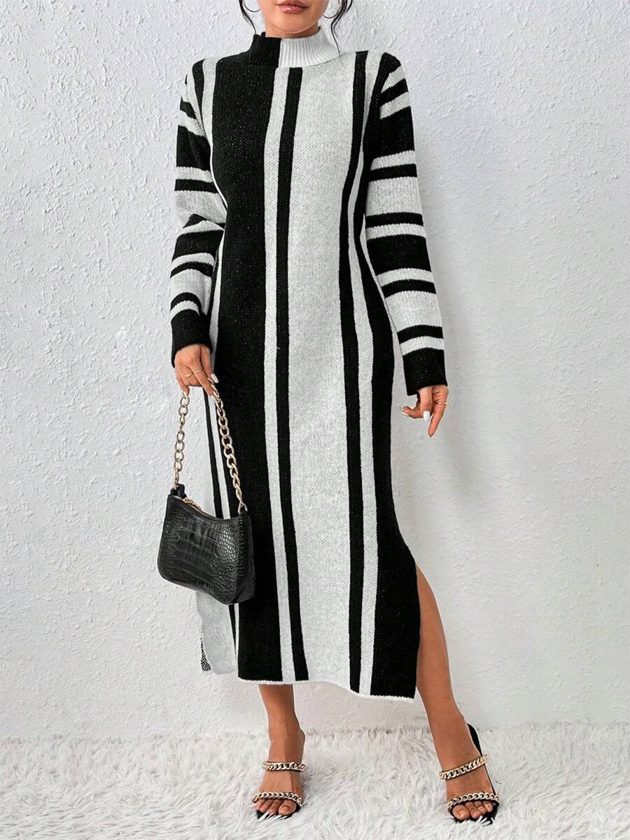 Casual Loose Lazy Split Black And Gray Striped High Collar Knitted Midi Dress