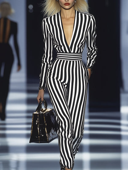 Elegant Classic V-Neck Striped Long Sleeve Jumpsuit