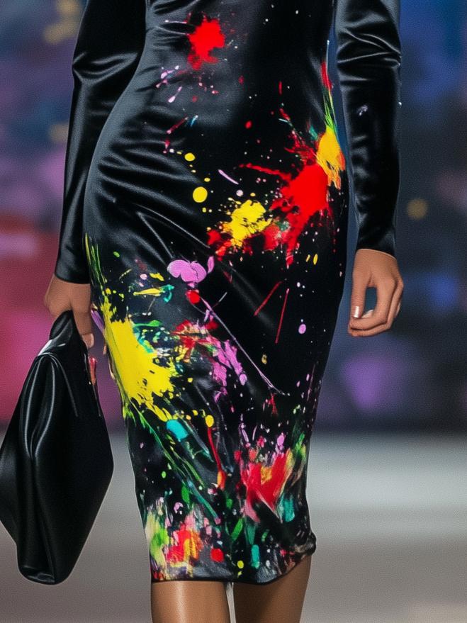 Artistic Colorful Ink One-Shoulder Satin Black Long-Sleeved Midi Dress