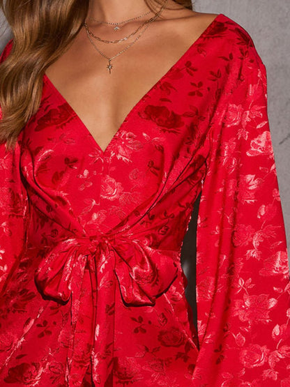 High-End Elegant And Fashionable Red Jacquard Strappy Jumpsuit