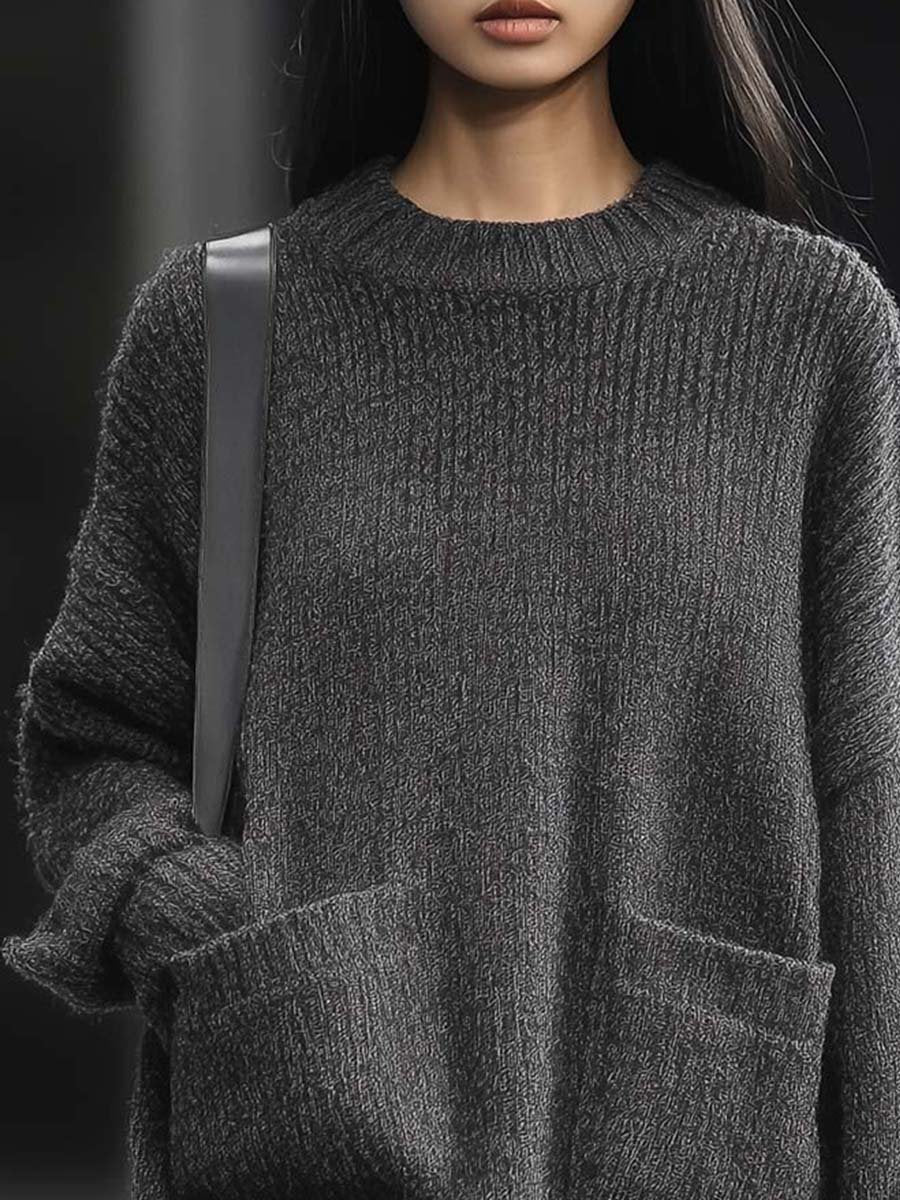 Retro Fashion Loose Round Neck Pocket Pullover Sweater