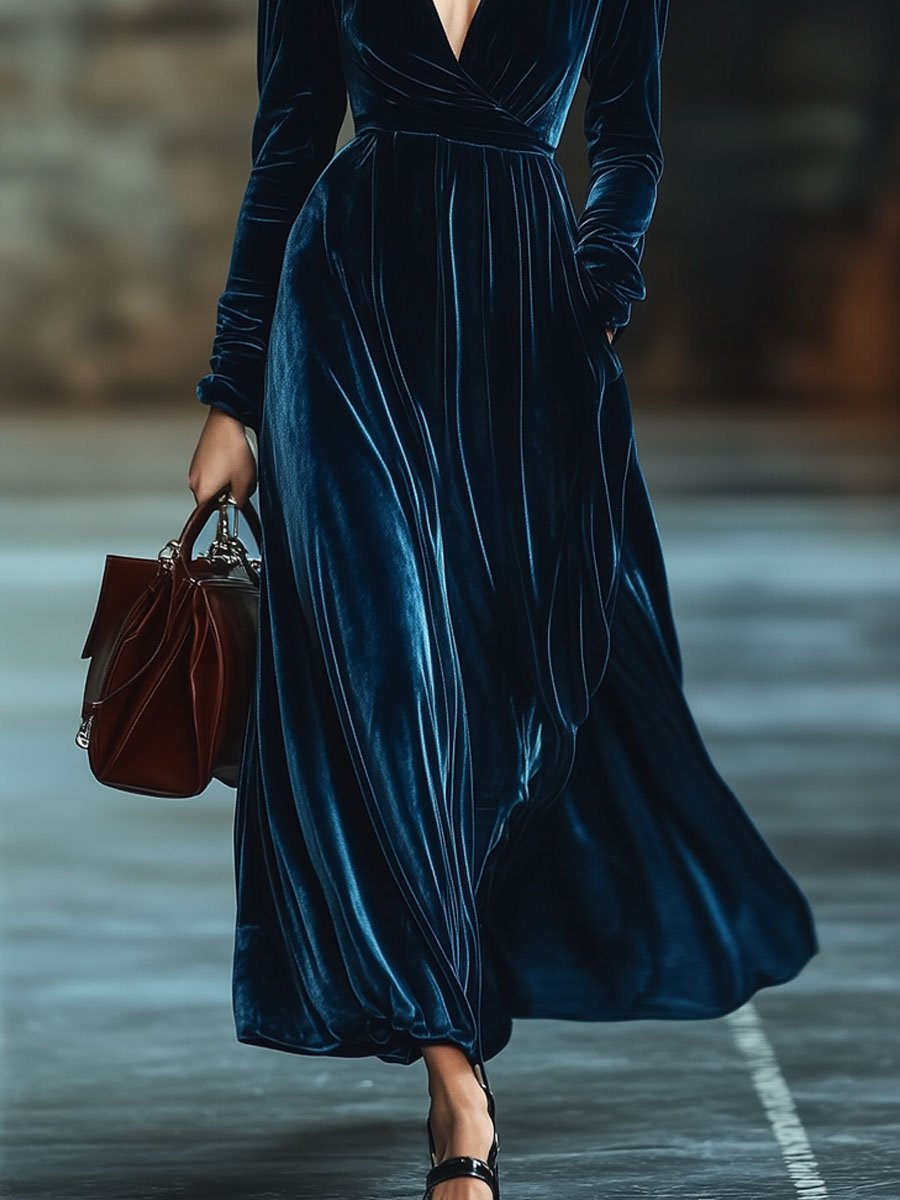 【24-hour shipping】V-Neck Retro Solid Color Velvet Pocket Long Sleeve Maxi Dress