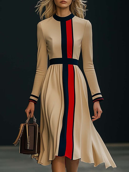 Elegant Colorblock Long Sleeve Midi Dress