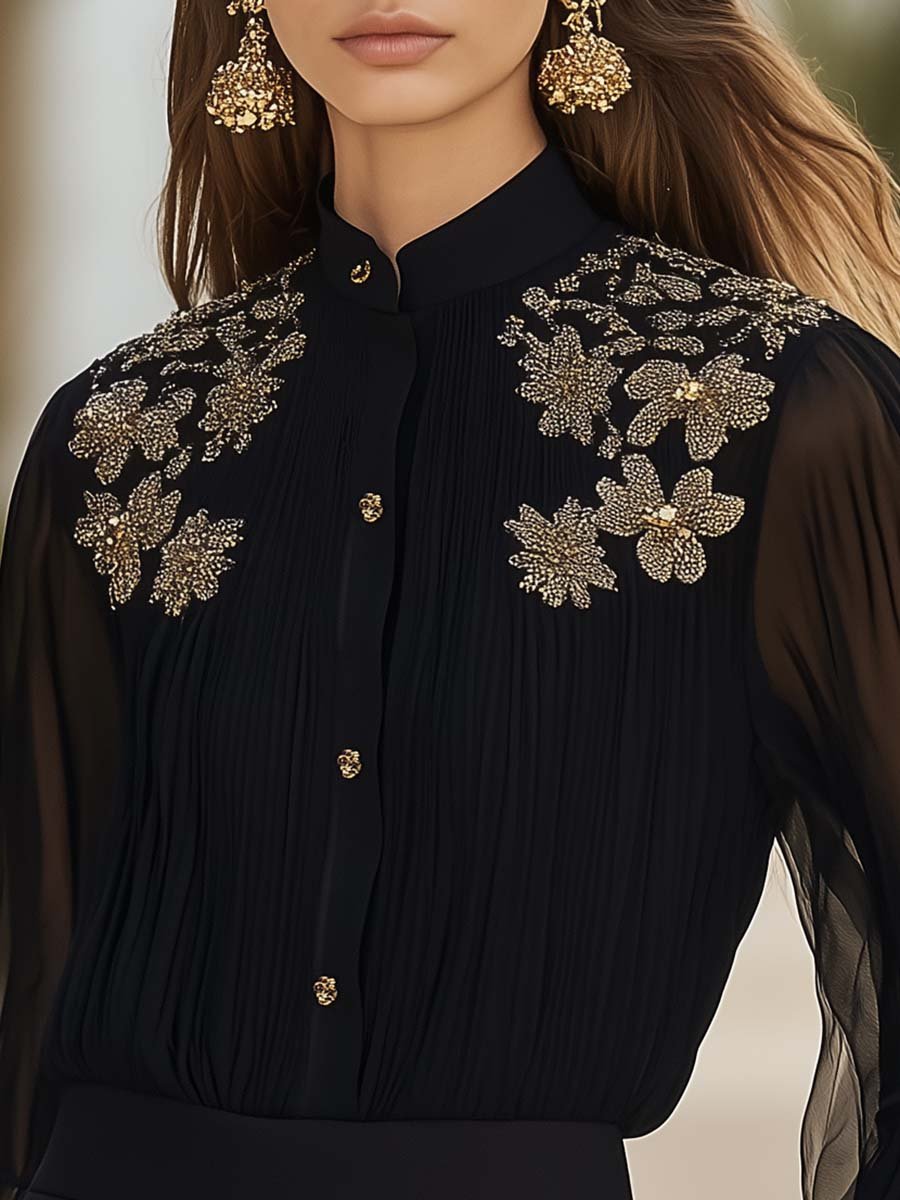 Elegant Half Turtleneck Gold Embroidery Black Pleated Shirt