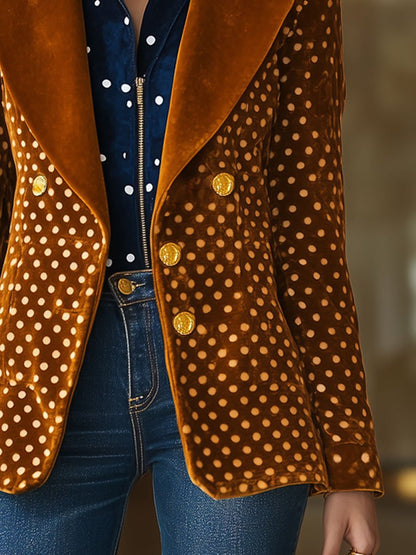 Casual Loose Retro Velvet Polka Dot Print Colorblock Lapel Blazer