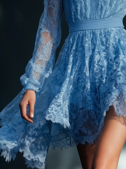 Elegant and Charming See-through Neckline Blue Lace Mini Dress