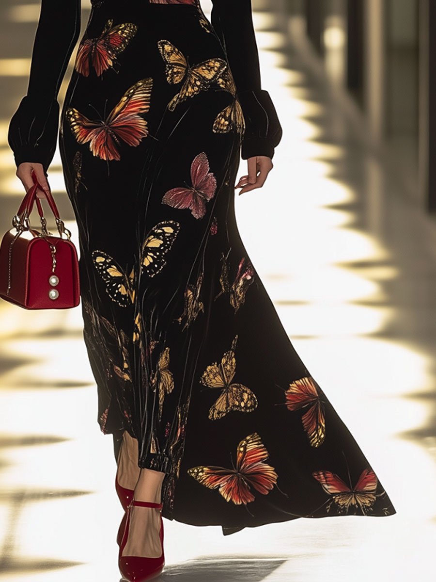 Fashion Retro Black Velvet Butterfly Print V-Neck Long Sleeve Maxi Dress