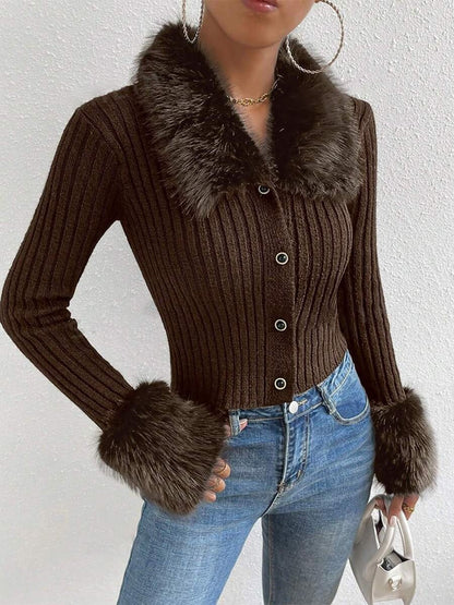 High-End And Fashionable Fur Patchwork V-Neck Sweater