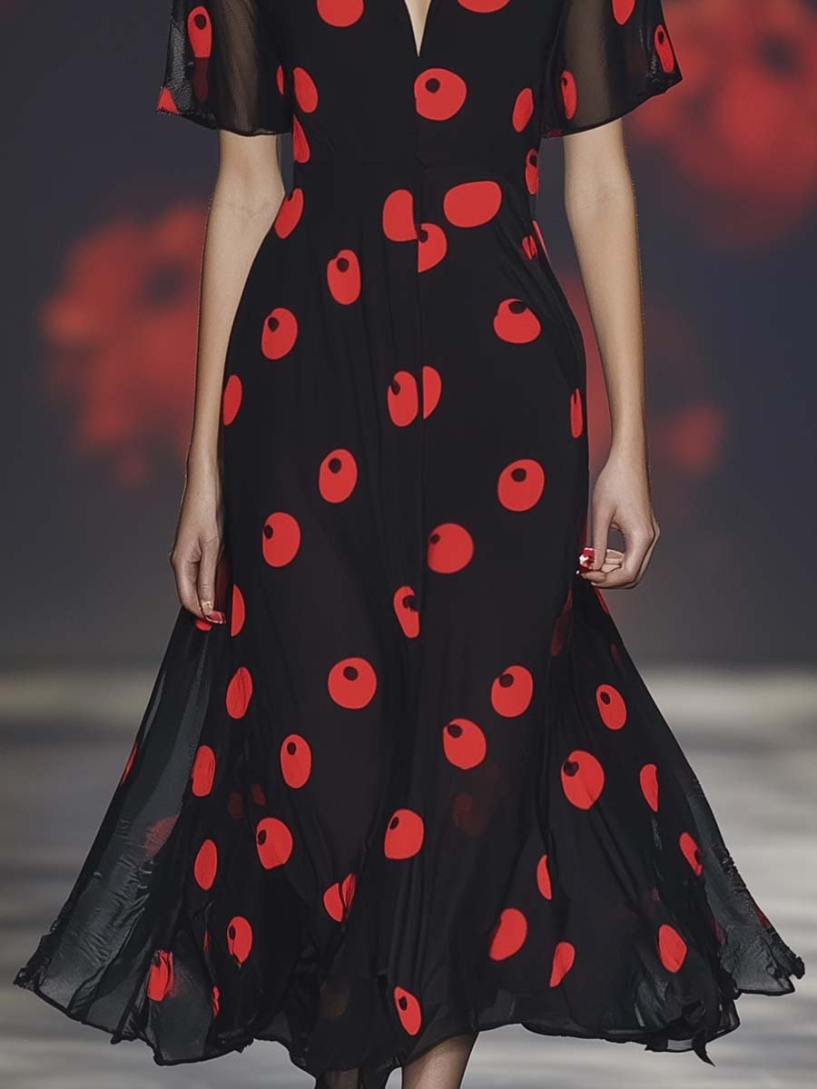 Elegant and Fashionable V-neck Red Polka Dot Print Black Chiffon Midi Dress