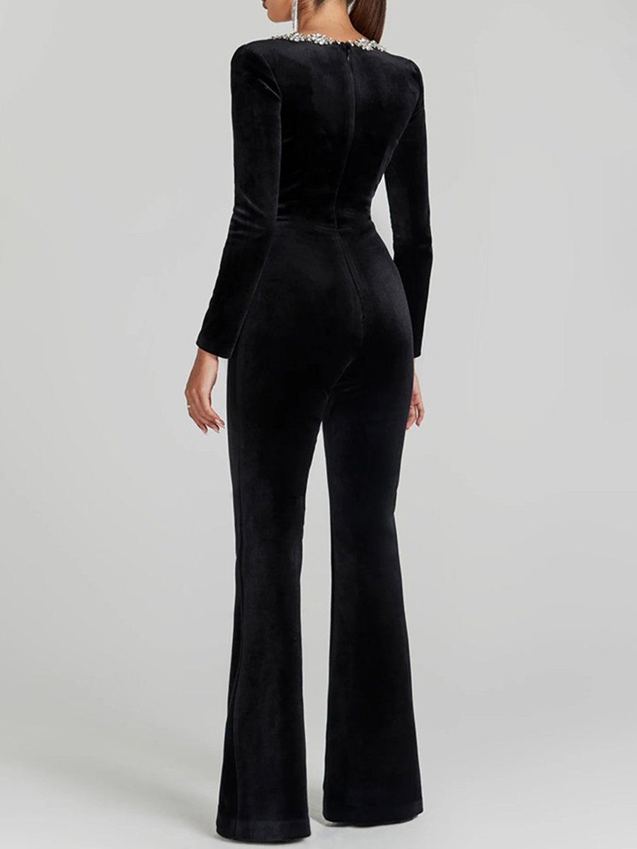 Diamond Velvet Square Neck High Waist Slim Flare Long Sleeve Jumpsuit