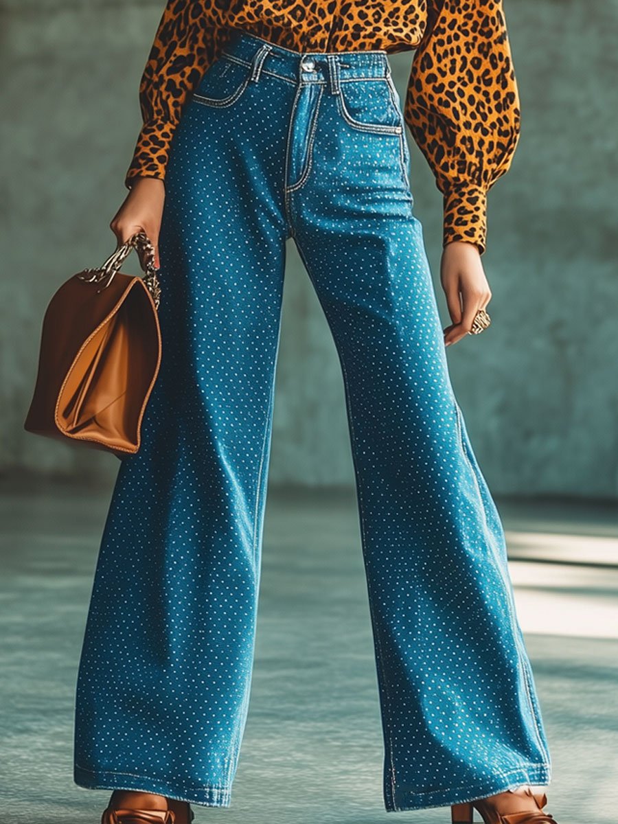 Relaxed Fit Vintage Polka Dot Print Jeans