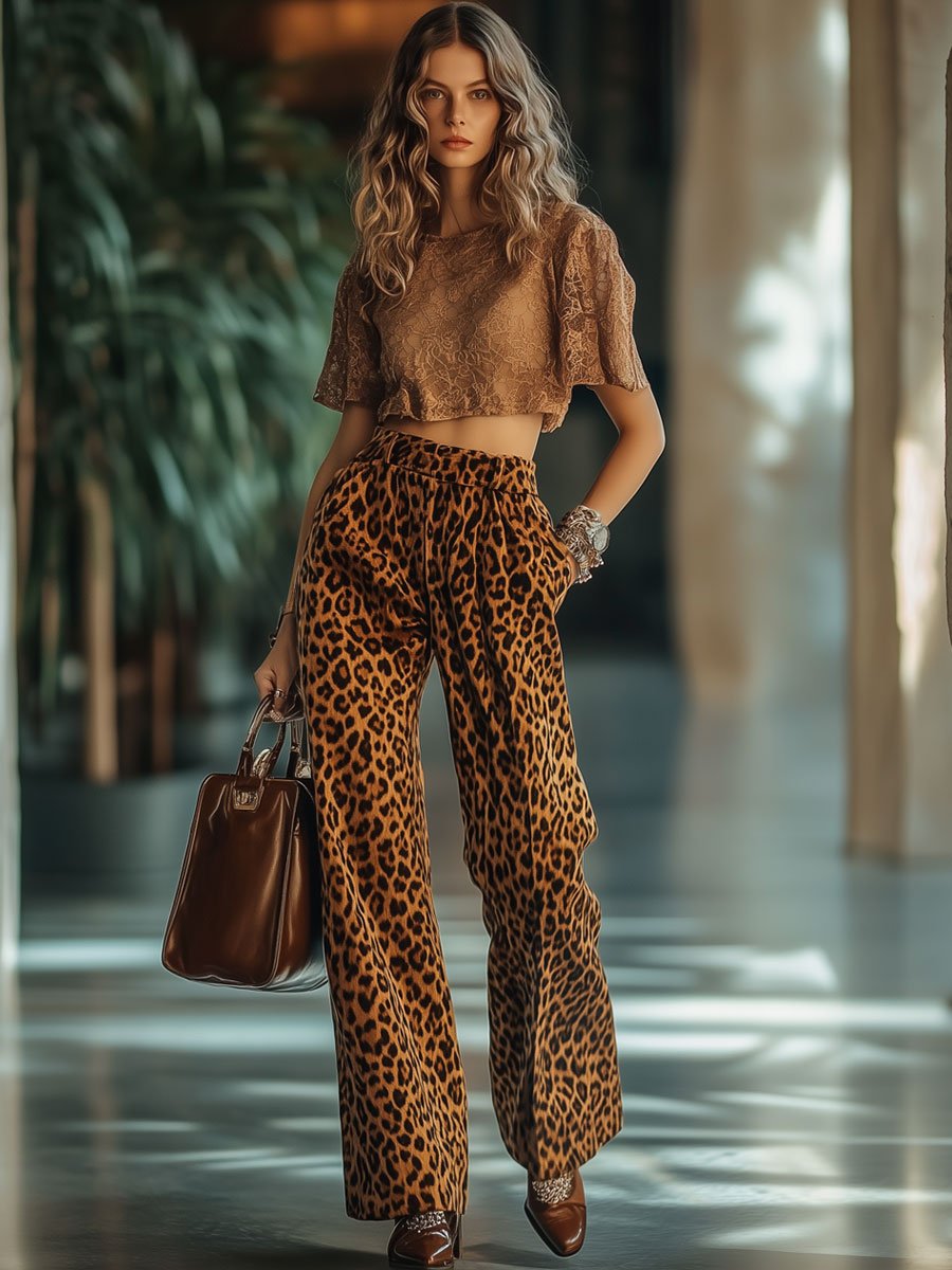 【24-hour shipping】Casual Loose Vintage Velvet Leopard Print Pocket Elastic Waist Pants