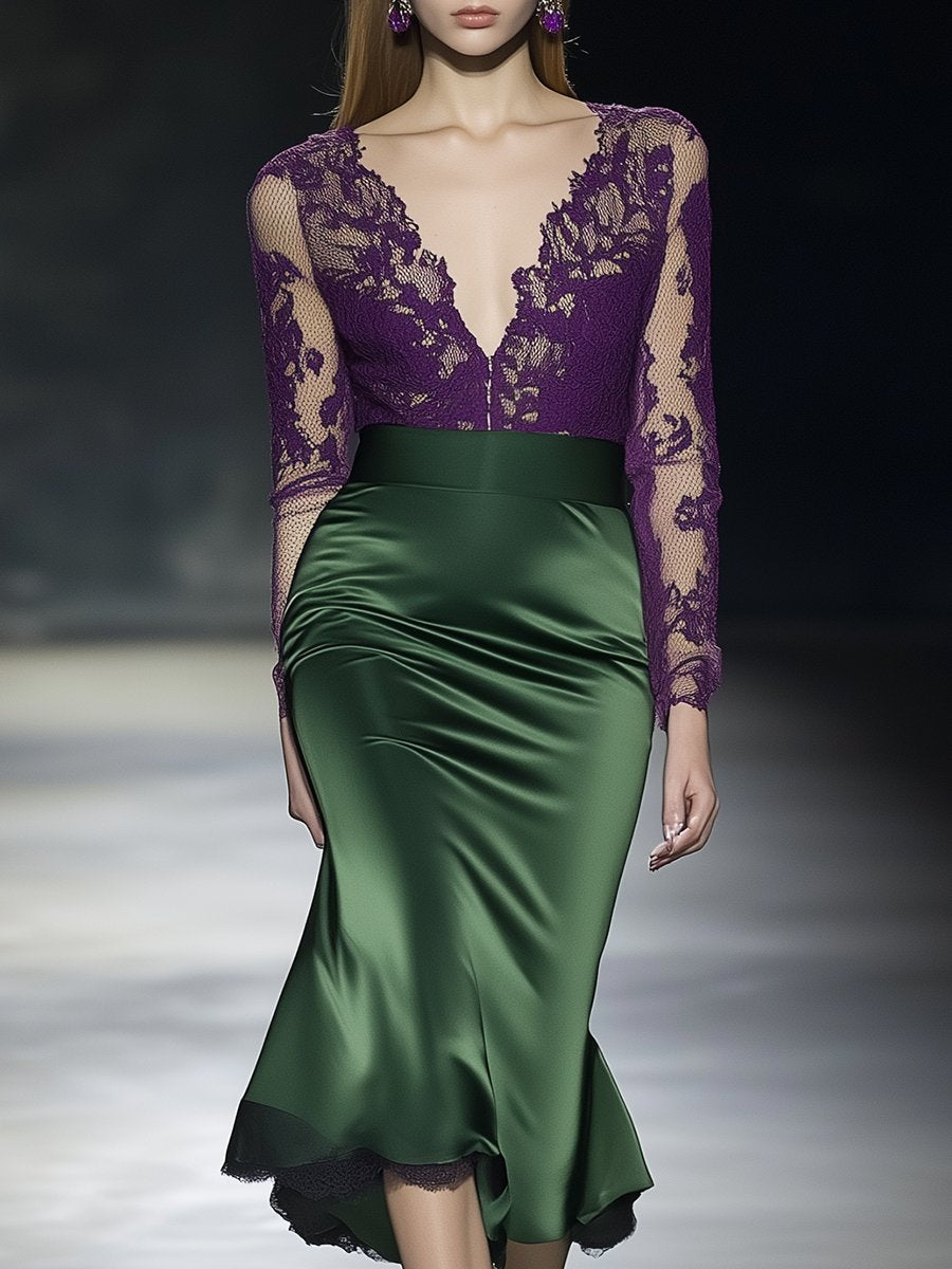 Romantic and Charming Purple Lace and Green Satin Long-sleeved Midi Dress