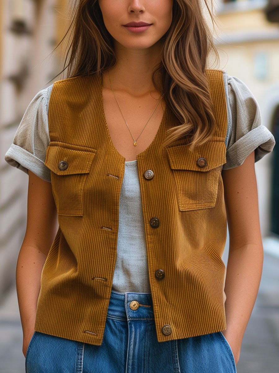 Casual Loose Vintage Corduroy Pocket V-Neck Vest