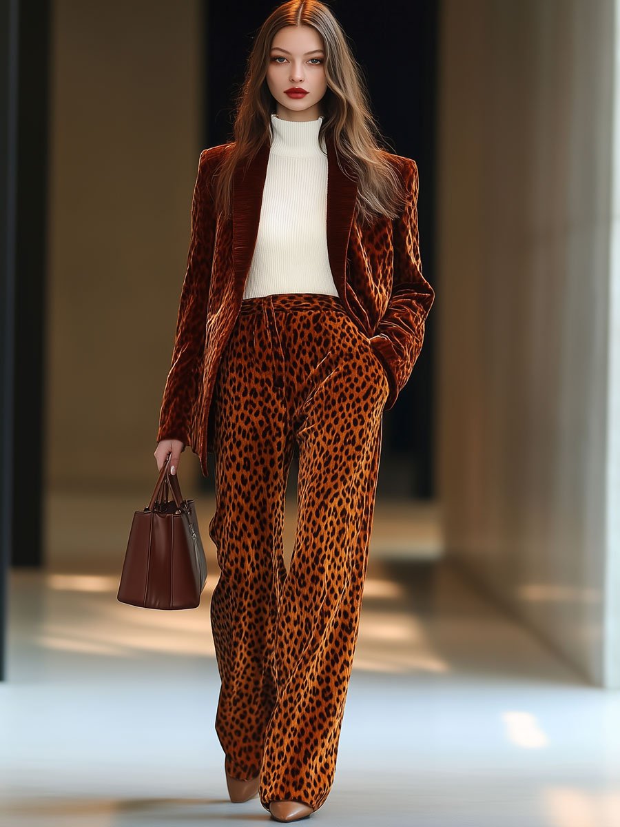 Casual Loose Retro Velvet Leopard Print Straight Suit Pants