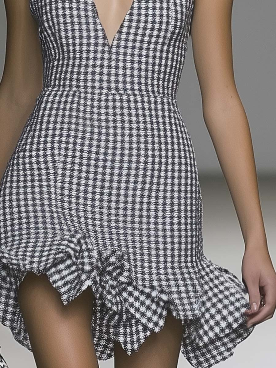 Fashion V-neck Sleeveless Ruffled Hem Houndstooth Mini Dress