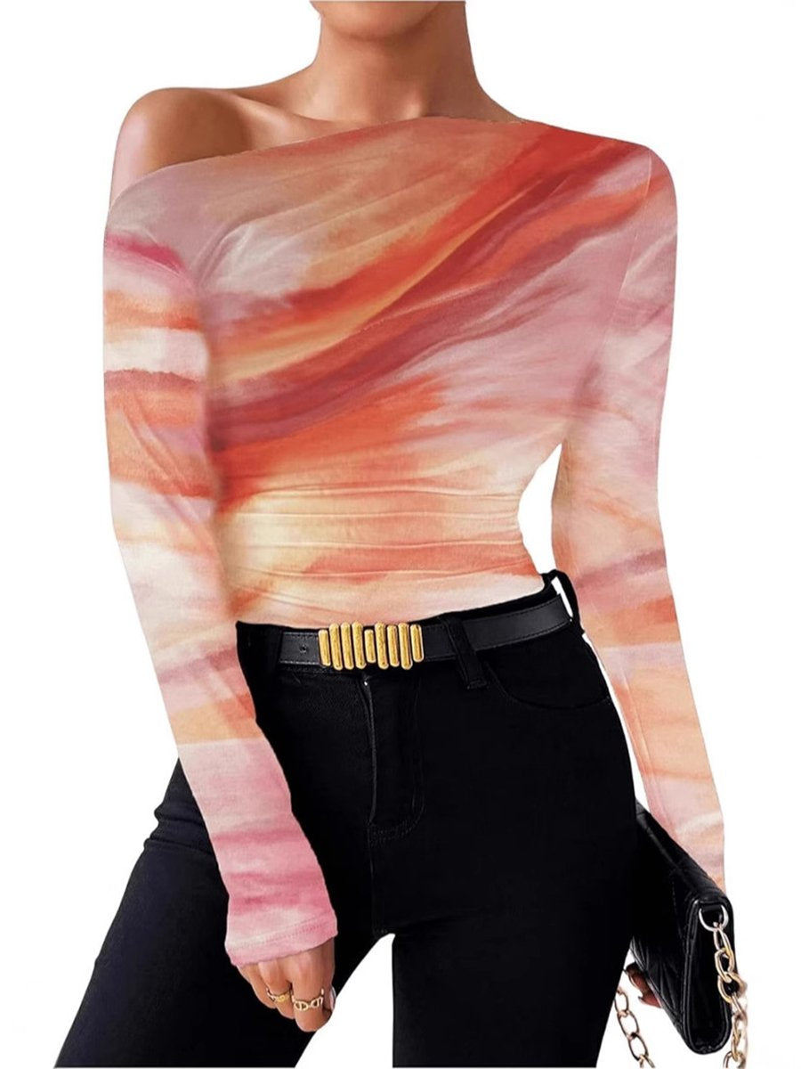 Fashion Tie-Dye Print Asymmetric Ruffle Long Sleeve T-Shirt