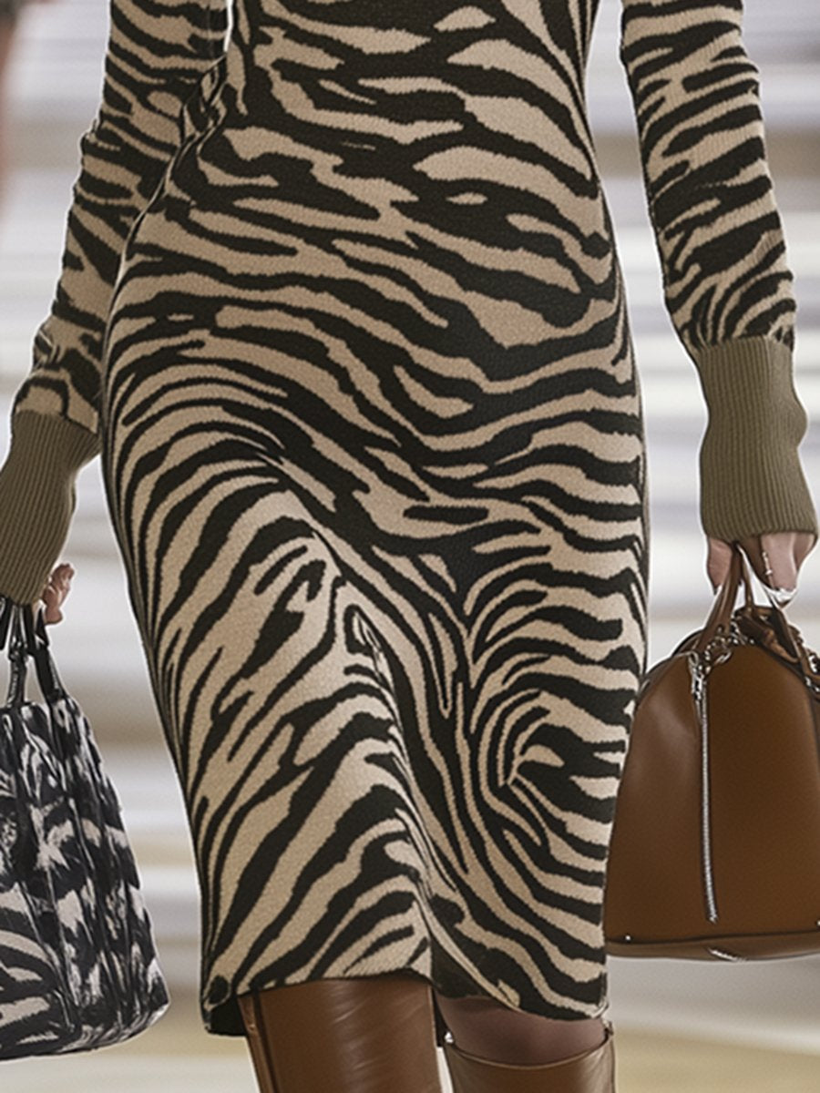 High-End Fashionable Khaki Zebra Print Knitted Mini Dress