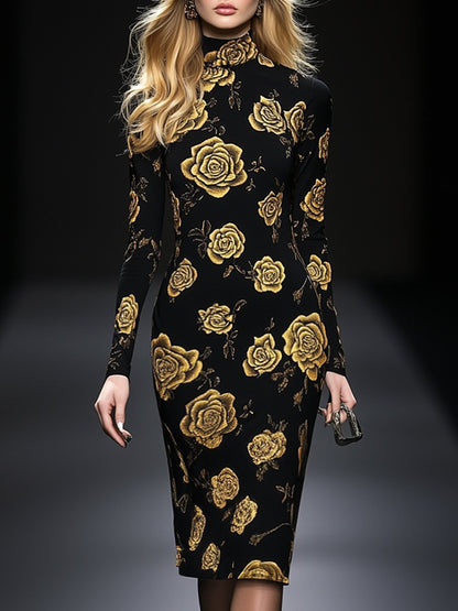 Elegant And Fashionable Slim Fit High Neck Gold Rose Print Midi Dress